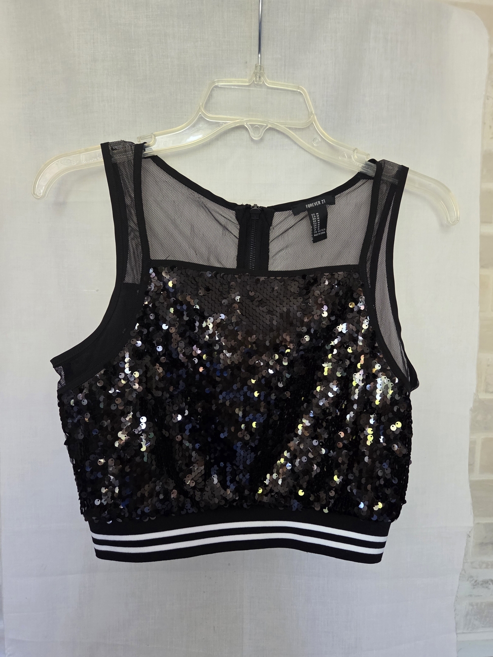Forever 21 Black Sequin Mesh Crop Top with Striped Band